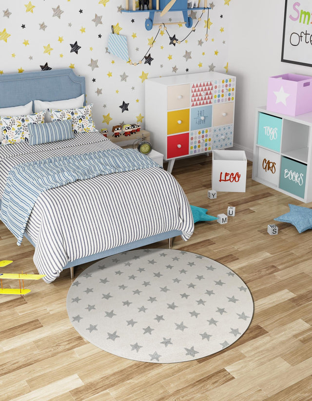 Daisy White 6' 1 x 6' 1 Whimsy Kids Round Area Rug for Baby Nursery, Toddler Playroom, Bedrooms