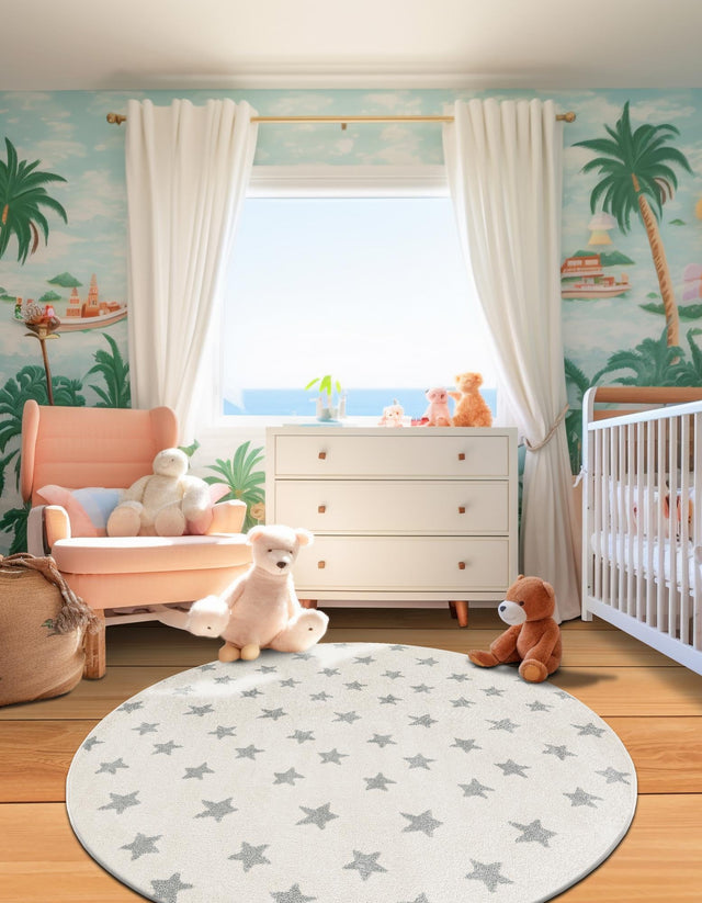 Daisy White 6' 1 x 6' 1 Whimsy Kids Round Area Rug for Baby Nursery, Toddler Playroom, Bedrooms