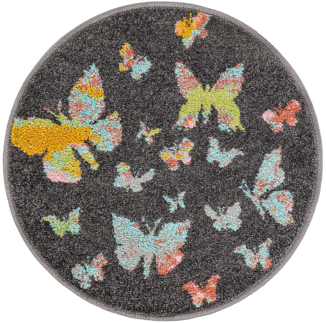 Charcoal Gray 2' 2 x 2' 2 Whimsy Kids Round Area Rug for Baby Nursery, Toddler Playroom, Bedrooms Playful Fun Design Easy Clean Carpet for Sale at Rug Engine