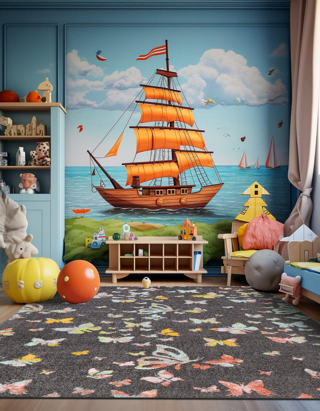 Charcoal Gray 7' 10 x 10' Whimsy Kids Rectangle Area Rug for Baby Nursery, Toddler Playroom, Bedrooms Playful Fun Design Easy Clean Carpet for Sale at Rug Engine