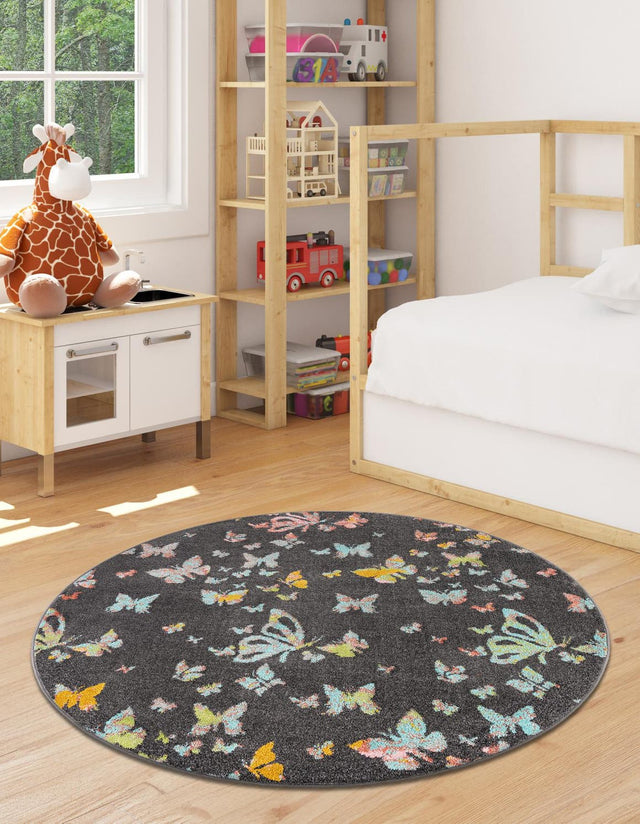 Charcoal Gray 2' 2 x 2' 2 Whimsy Kids Round Area Rug for Baby Nursery, Toddler Playroom, Bedrooms Playful Fun Design Easy Clean Carpet for Sale at Rug Engine