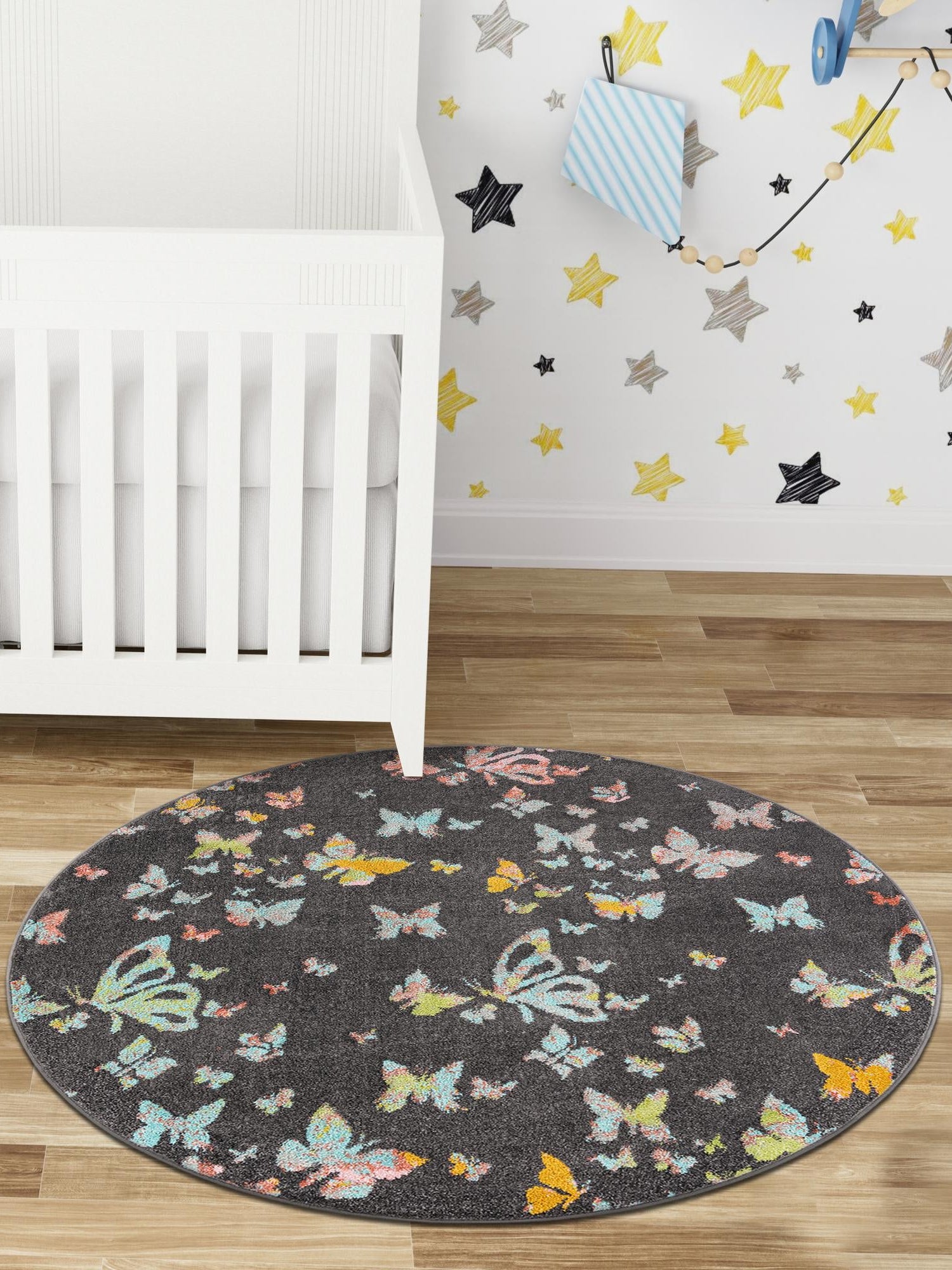 Charcoal Gray 6' 1 x 6' 1 Whimsy Kids Round Area Rug for Baby Nursery, Toddler Playroom, Bedrooms
