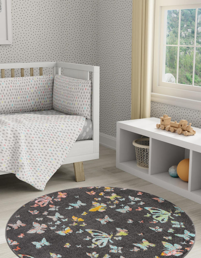 Charcoal Gray 2' 2 x 2' 2 Whimsy Kids Round Area Rug for Baby Nursery, Toddler Playroom, Bedrooms Playful Fun Design Easy Clean Carpet for Sale at Rug Engine