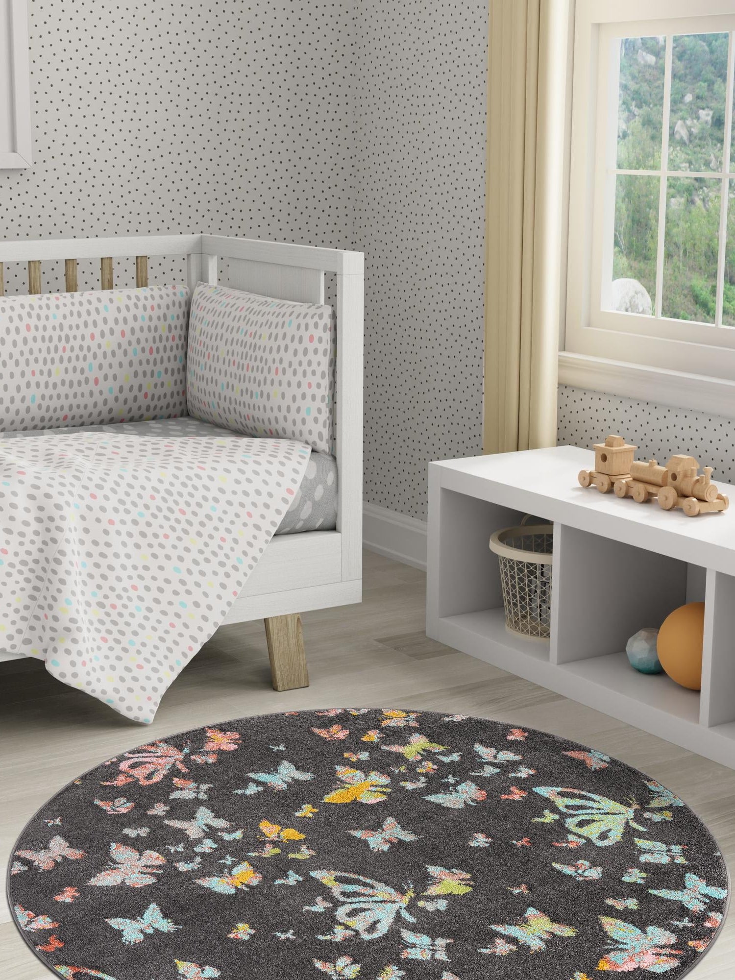 Charcoal Gray 6' 1 x 6' 1 Whimsy Kids Round Area Rug for Baby Nursery, Toddler Playroom, Bedrooms