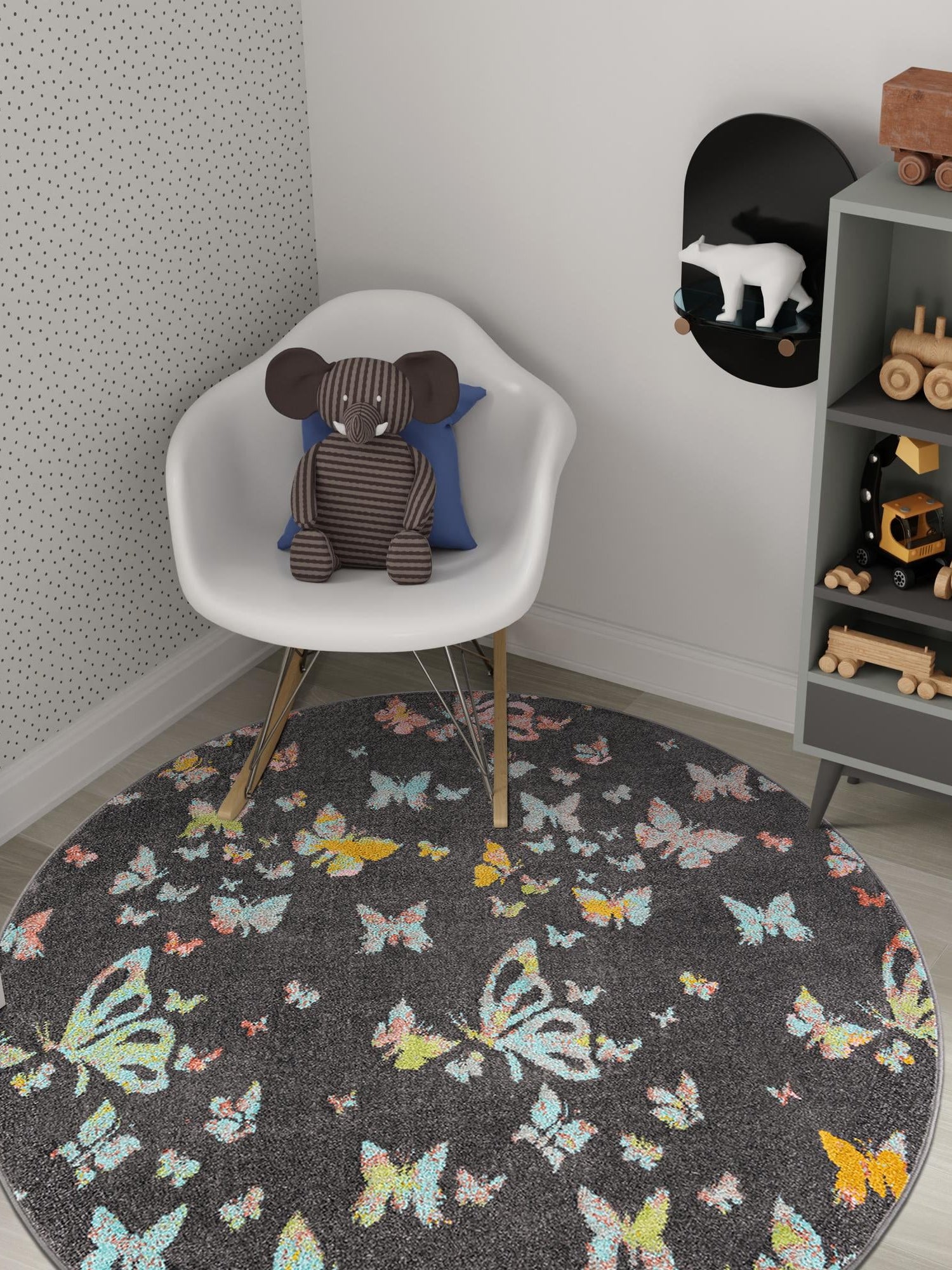 Charcoal Gray 6' 1 x 6' 1 Whimsy Kids Round Area Rug for Baby Nursery, Toddler Playroom, Bedrooms