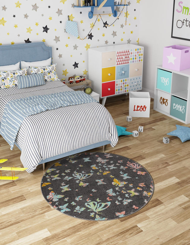 Charcoal Gray 2' 2 x 2' 2 Whimsy Kids Round Area Rug for Baby Nursery, Toddler Playroom, Bedrooms Playful Fun Design Easy Clean Carpet for Sale at Rug Engine