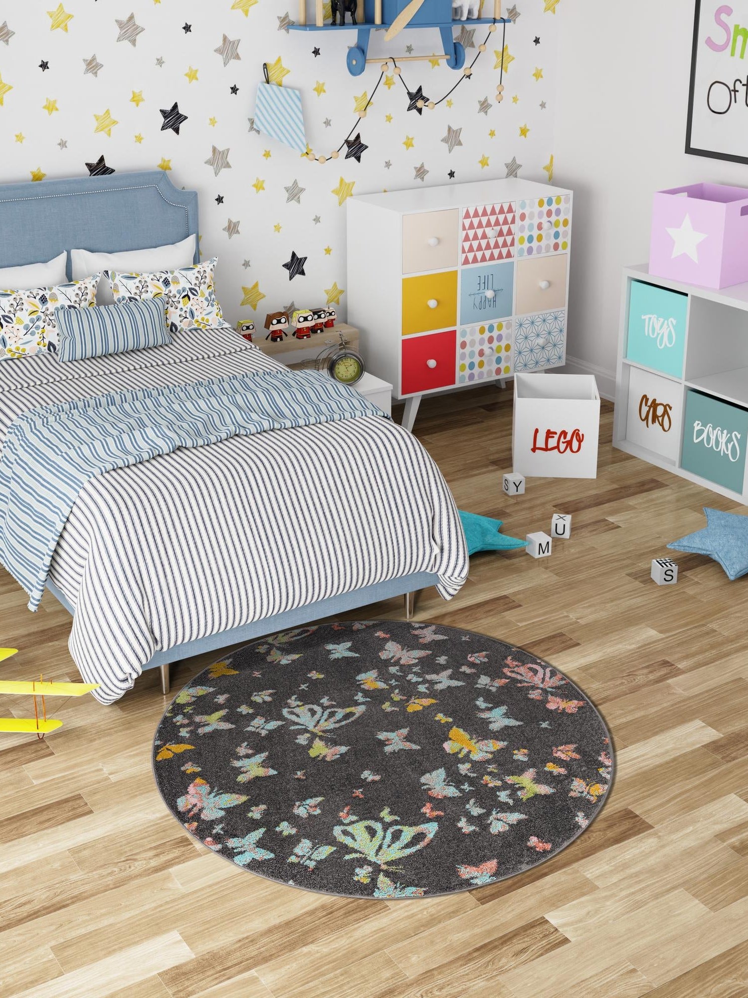 Charcoal Gray 6' 1 x 6' 1 Whimsy Kids Round Area Rug for Baby Nursery, Toddler Playroom, Bedrooms