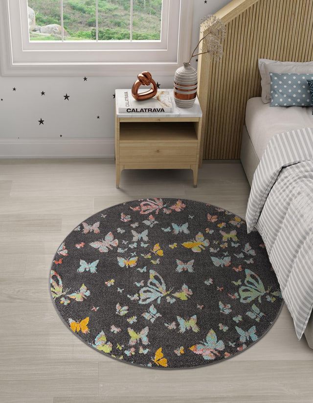 Charcoal Gray 7' 10 x 7' 10 Whimsy Kids Round Area Rug for Baby Nursery, Toddler Playroom, Bedrooms Playful Fun Design Easy Clean Carpet for Sale at Rug Engine