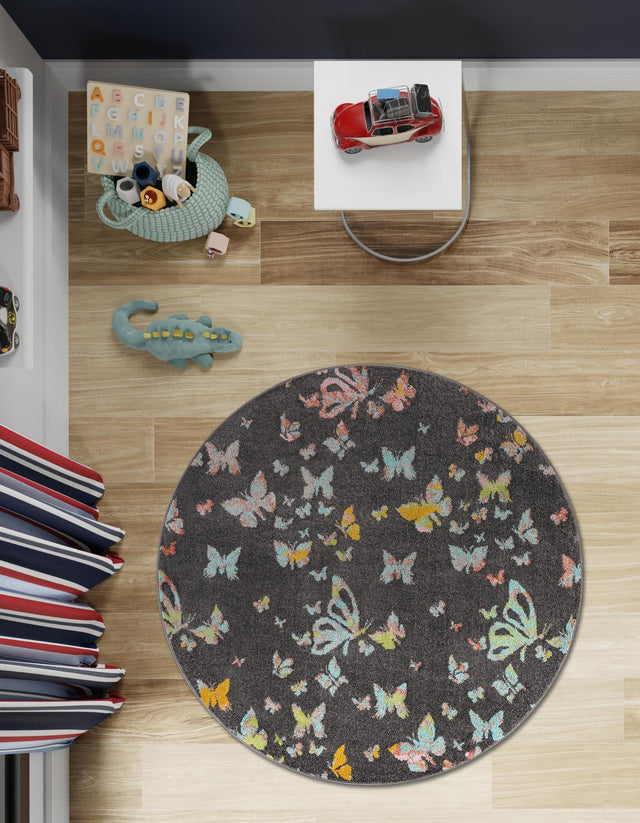 Charcoal Gray 7' 10 x 7' 10 Whimsy Kids Round Area Rug for Baby Nursery, Toddler Playroom, Bedrooms Playful Fun Design Easy Clean Carpet for Sale at Rug Engine
