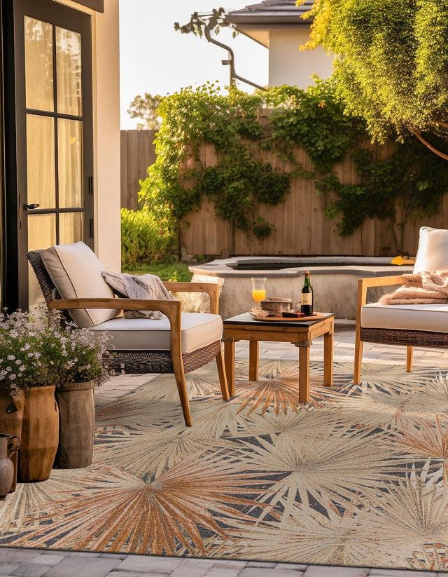 Multicolor 7' 10 x 7' 10 Outdoor Botanical Square Area Rug Weather Resistant for Patio, Deck, Terrace, Balcony, Porch Polypropylene Garden Floral Tropical Carpet for Sale at Rug Engine