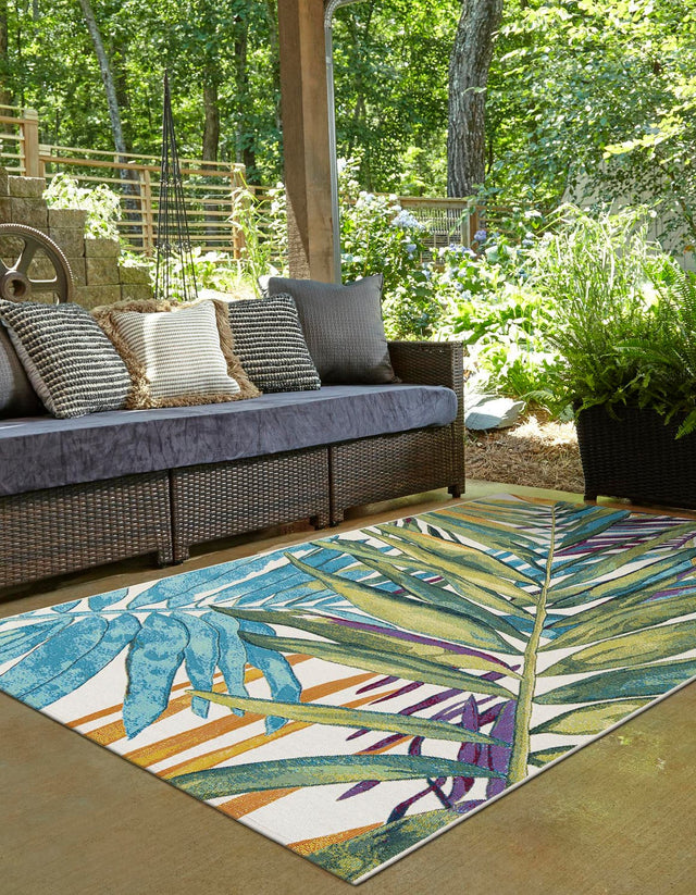 Multicolor 10' x 14' 2 Outdoor Botanical Rectangle Area Rug Weather Resistant for Patio, Deck, Terrace, Balcony, Porch