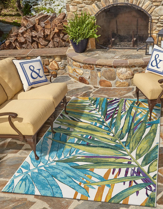 Multicolor 10' x 14' 2 Outdoor Botanical Rectangle Area Rug Weather Resistant for Patio, Deck, Terrace, Balcony, Porch