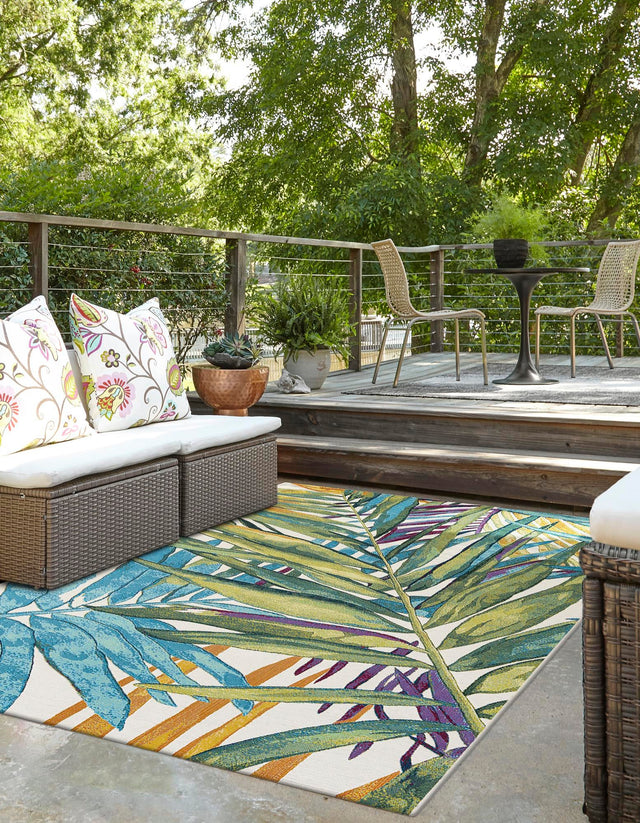 Multicolor 5' 1 x 7' 1 Outdoor Botanical Rectangle Area Rug Weather Resistant for Patio, Deck, Terrace, Balcony, Porch Polypropylene Garden Floral Tropical Carpet for Sale at Rug Engine