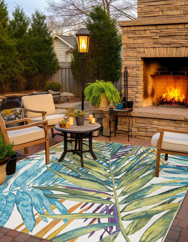 Multicolor 10' x 10' Outdoor Botanical Square Area Rug Weather Resistant for Patio, Deck, Terrace, Balcony, Porch Polypropylene Garden Floral Tropical Carpet for Sale at Rug Engine