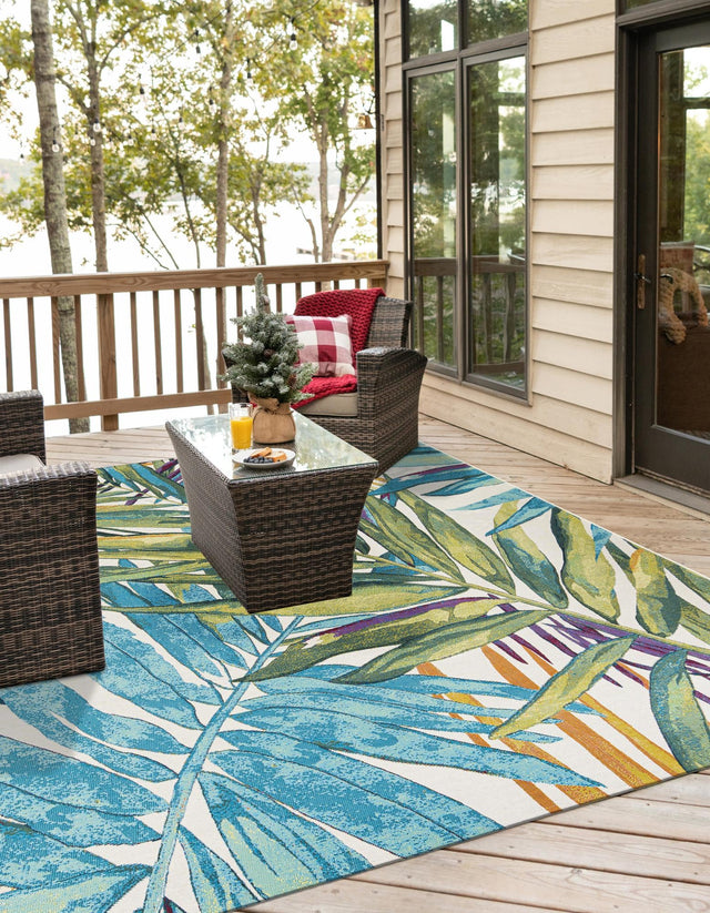 Multicolor 7' 10 x 7' 10 Outdoor Botanical Square Area Rug Weather Resistant for Patio, Deck, Terrace, Balcony, Porch Polypropylene Garden Floral Tropical Carpet for Sale at Rug Engine