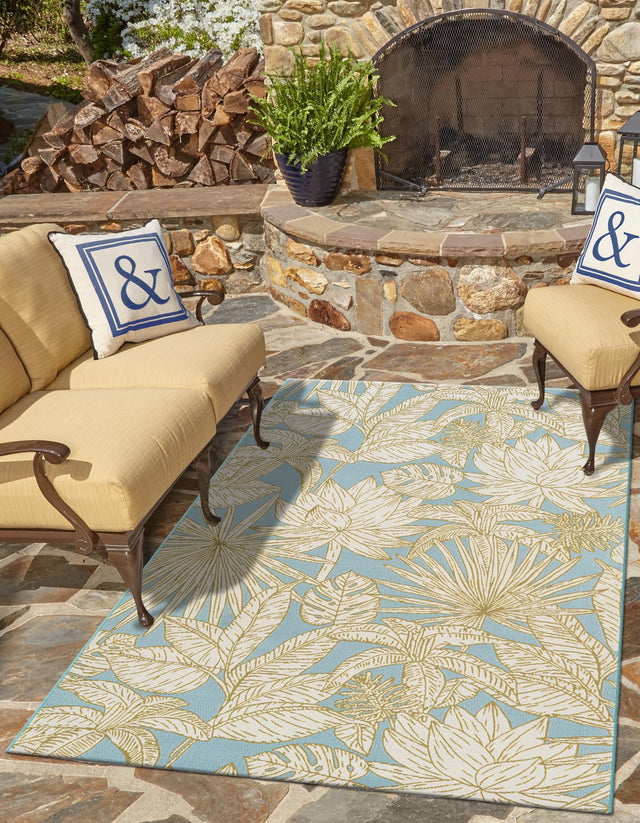 Soft Blue 10' x 14' 2 Outdoor Botanical Rectangle Area Rug Weather Resistant for Patio, Deck, Terrace, Balcony, Porch Polypropylene Garden Floral Tropical Carpet for Sale at Rug Engine