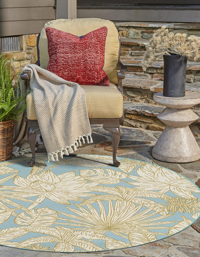 Soft Blue 10' x 10' Outdoor Botanical Round Area Rug Weather Resistant for Patio, Deck, Terrace, Balcony, Porch Polypropylene Garden Floral Tropical Carpet for Sale at Rug Engine