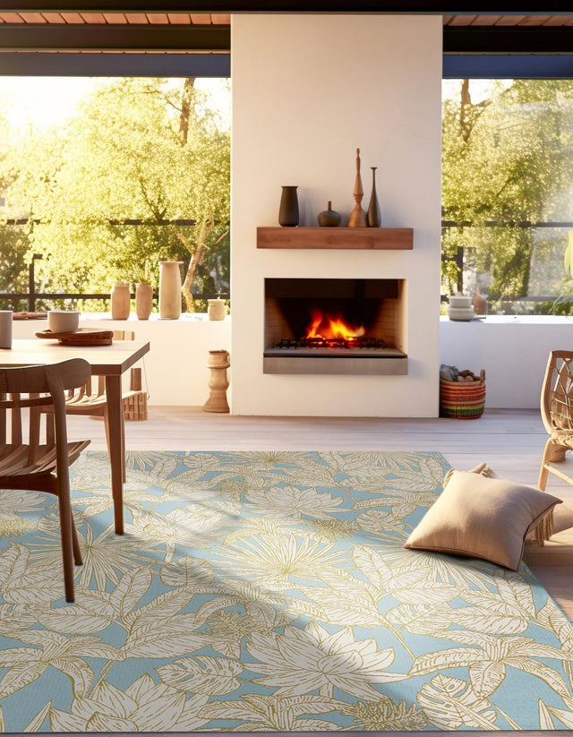 Soft Blue 7' 10 x 7' 10 Outdoor Botanical Square Area Rug Weather Resistant for Patio, Deck, Terrace, Balcony, Porch Polypropylene Garden Floral Tropical Carpet for Sale at Rug Engine