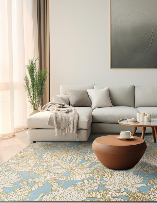 Soft Blue 7' 10 x 7' 10 Outdoor Botanical Square Area Rug Weather Resistant for Patio, Deck, Terrace, Balcony, Porch Polypropylene Garden Floral Tropical Carpet for Sale at Rug Engine