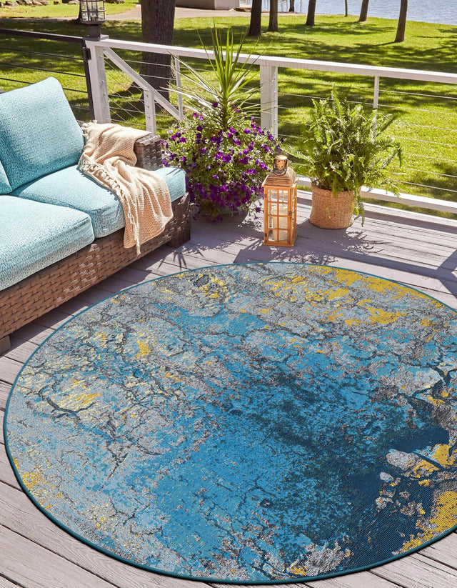 Gradient Blue 10' x 10' Outdoor Modern Round Area Rug Weather Resistant for Patio, Deck, Terrace, Balcony, Porch 100% Polypropylene Modern Outside Carpet for Sale at Rug Engine
