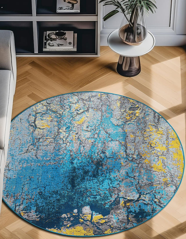 Gradient Blue 7' 10 x 7' 10 Outdoor Modern Round Area Rug Weather Resistant for Patio, Deck, Terrace, Balcony, Porch 100% Polypropylene Modern Outside Carpet for Sale at Rug Engine