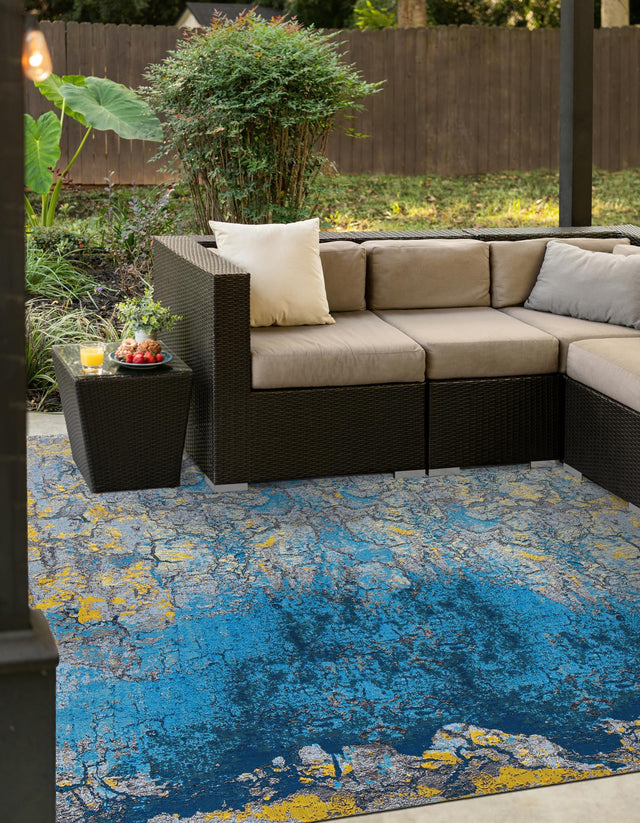 Gradient Blue 10' x 10' Outdoor Modern Square Area Rug Weather Resistant for Patio, Deck, Terrace, Balcony, Porch 100% Polypropylene Modern Outside Carpet for Sale at Rug Engine