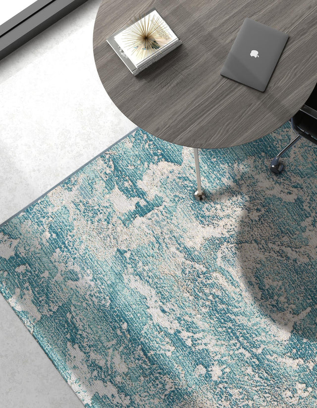 Aqua Blue 7' 10 x 10' Outdoor Modern Rectangle Area Rug Weather Resistant for Patio, Deck, Terrace, Balcony, Porch 100% Polypropylene Modern Outside Carpet for Sale at Rug Engine