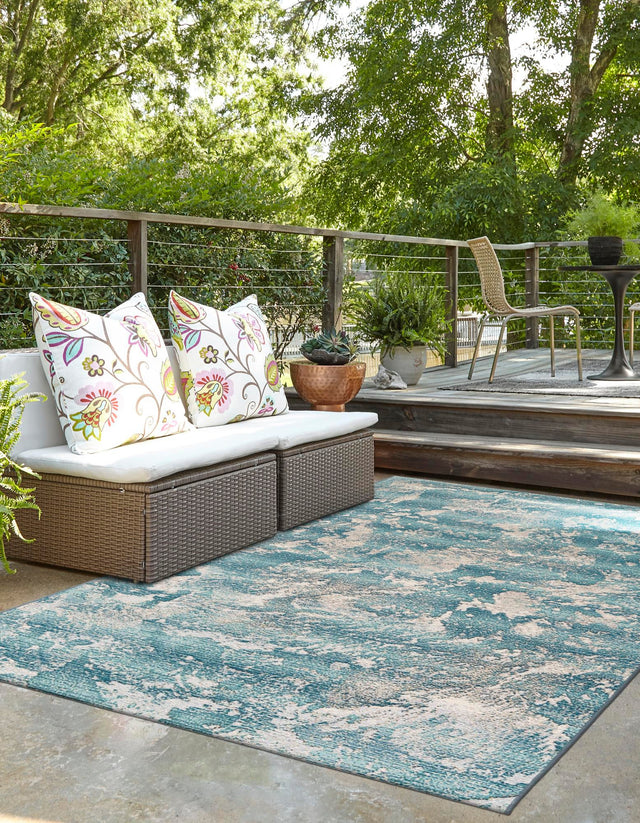 Aqua Blue 7' 10 x 10' Outdoor Modern Rectangle Area Rug Weather Resistant for Patio, Deck, Terrace, Balcony, Porch 100% Polypropylene Modern Outside Carpet for Sale at Rug Engine