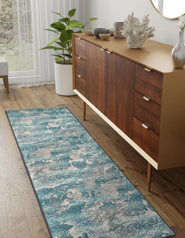 Aqua Blue 2' 7 x 12' Outdoor Modern Runner Area Rug Weather Resistant for Patio, Deck, Terrace, Balcony, Porch 100% Polypropylene Modern Outside Carpet for Sale at Rug Engine