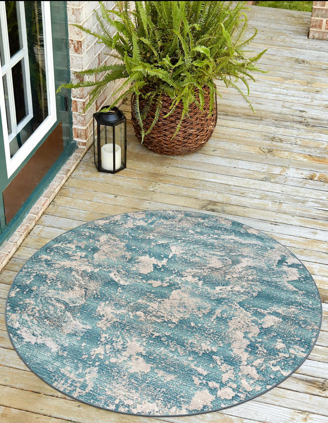 Aqua Blue 10' x 10' Outdoor Modern Round Area Rug Weather Resistant for Patio, Deck, Terrace, Balcony, Porch 100% Polypropylene Modern Outside Carpet for Sale at Rug Engine
