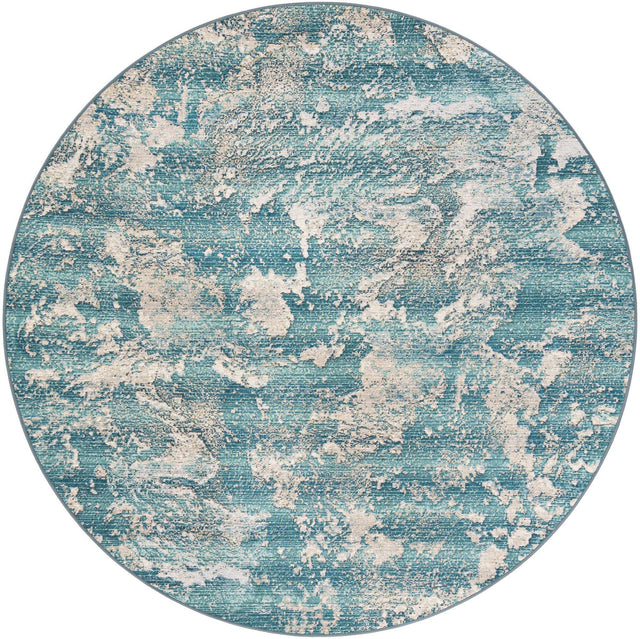Aqua Blue 7' 10 x 7' 10 Outdoor Modern Round Area Rug Weather Resistant for Patio, Deck, Terrace, Balcony, Porch 100% Polypropylene Modern Outside Carpet for Sale at Rug Engine
