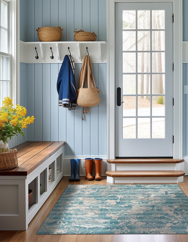 Aqua Blue 10' x 10' Outdoor Modern Square Area Rug Weather Resistant for Patio, Deck, Terrace, Balcony, Porch 100% Polypropylene Modern Outside Carpet for Sale at Rug Engine