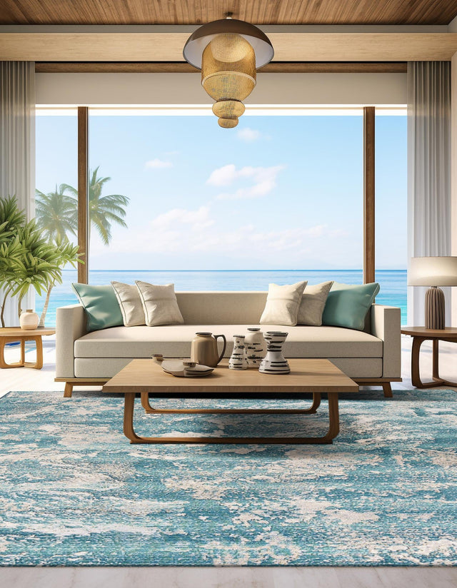 Aqua Blue 7' 10 x 7' 10 Outdoor Modern Square Area Rug Weather Resistant for Patio, Deck, Terrace, Balcony, Porch 100% Polypropylene Modern Outside Carpet for Sale at Rug Engine
