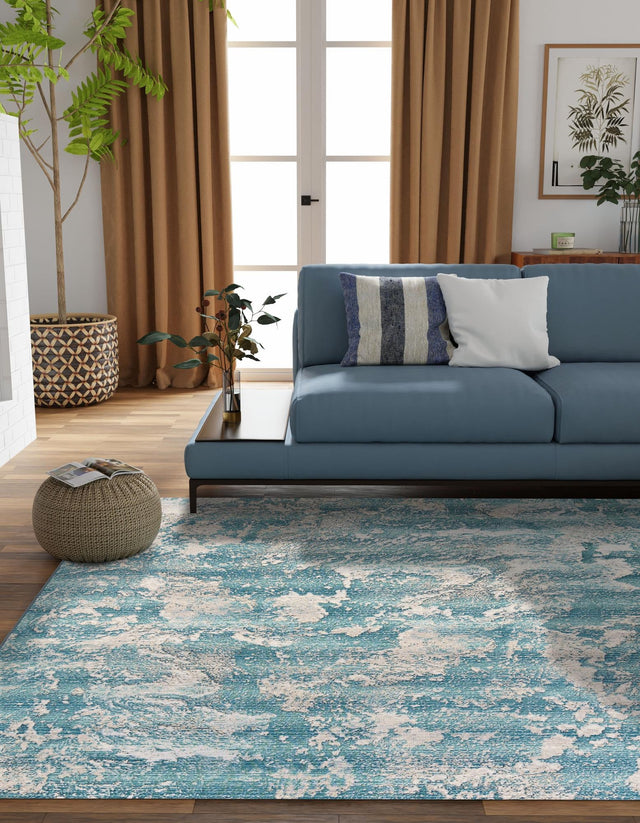 Aqua Blue 7' 10 x 7' 10 Outdoor Modern Square Area Rug Weather Resistant for Patio, Deck, Terrace, Balcony, Porch 100% Polypropylene Modern Outside Carpet for Sale at Rug Engine