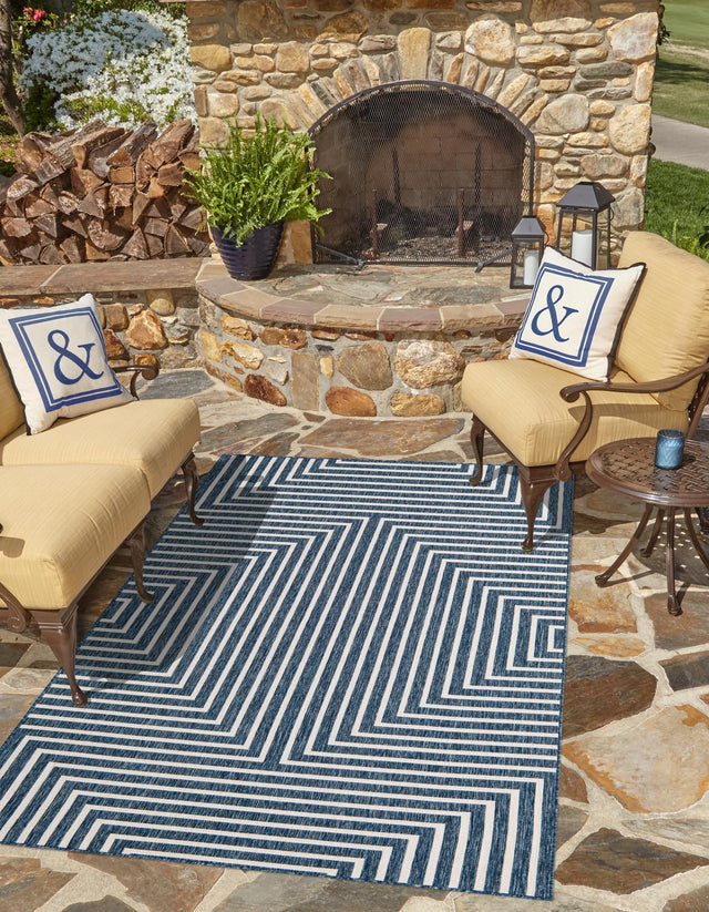 Blue 6' 1 x 9' Outdoor Modern Rectangle Area Rug Weather Resistant for Patio, Deck, Terrace, Balcony, Porch 100% Polypropylene Modern Outside Carpet for Sale at Rug Engine