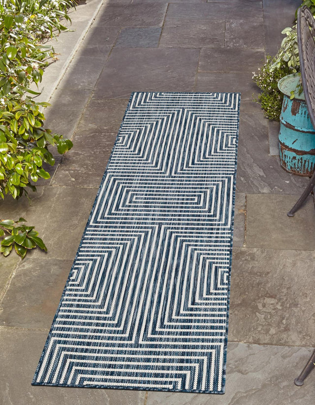 Blue 2' 7 x 12' Outdoor Modern Runner Area Rug Weather Resistant for Patio, Deck, Terrace, Balcony, Porch 100% Polypropylene Modern Outside Carpet for Sale at Rug Engine