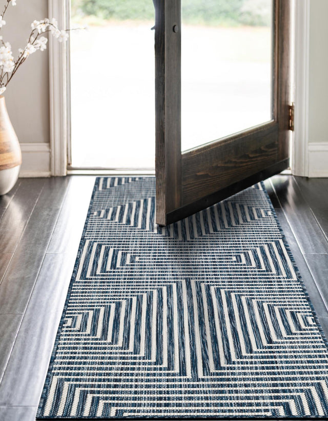 Blue 2' x 4' 1 Outdoor Modern Runner Area Rug Weather Resistant for Patio, Deck, Terrace, Balcony, Porch 100% Polypropylene Modern Outside Carpet for Sale at Rug Engine