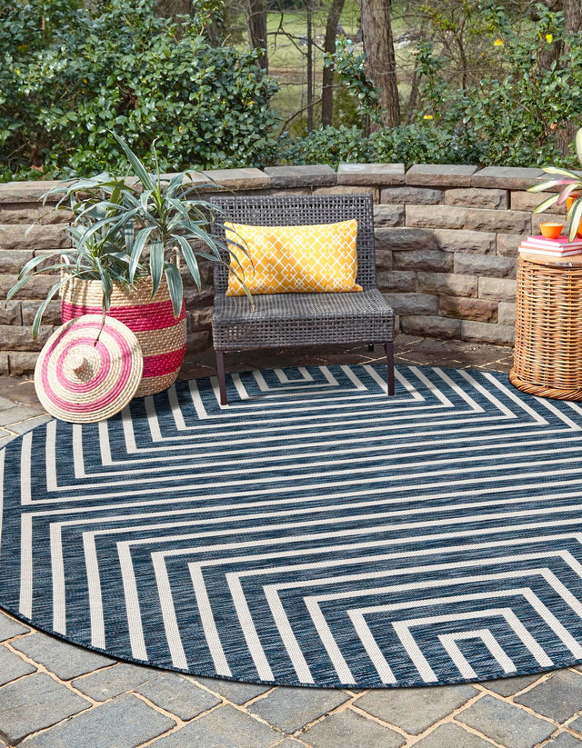 Blue 6' 1 x 6' 1 Outdoor Modern Round Area Rug Weather Resistant for Patio, Deck, Terrace, Balcony, Porch 100% Polypropylene Modern Outside Carpet for Sale at Rug Engine