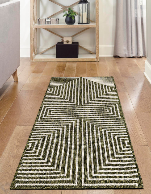 Green 2' x 8' Outdoor Modern Runner Area Rug Weather Resistant for Patio, Deck, Terrace, Balcony, Porch 100% Polypropylene Modern Outside Carpet for Sale at Rug Engine