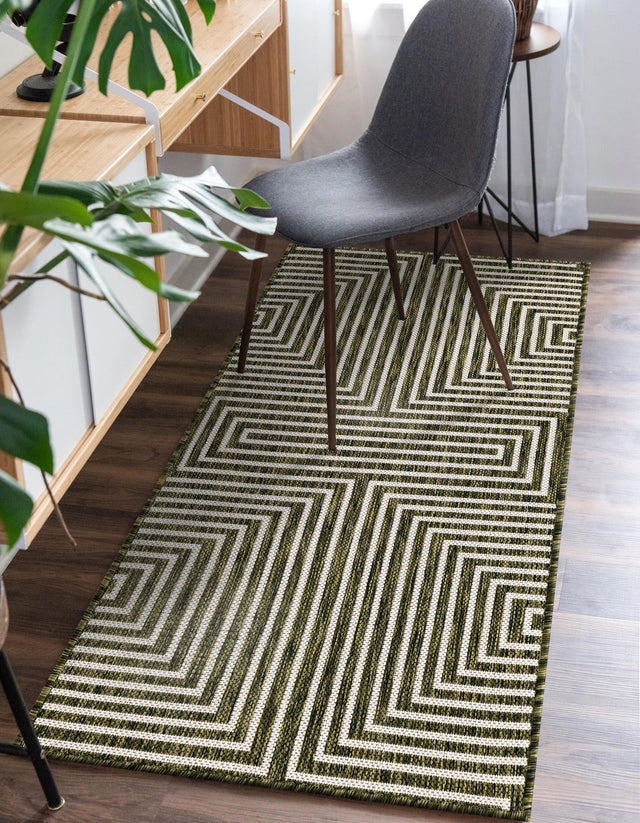 Green 2' x 8' Outdoor Modern Runner Area Rug Weather Resistant for Patio, Deck, Terrace, Balcony, Porch 100% Polypropylene Modern Outside Carpet for Sale at Rug Engine