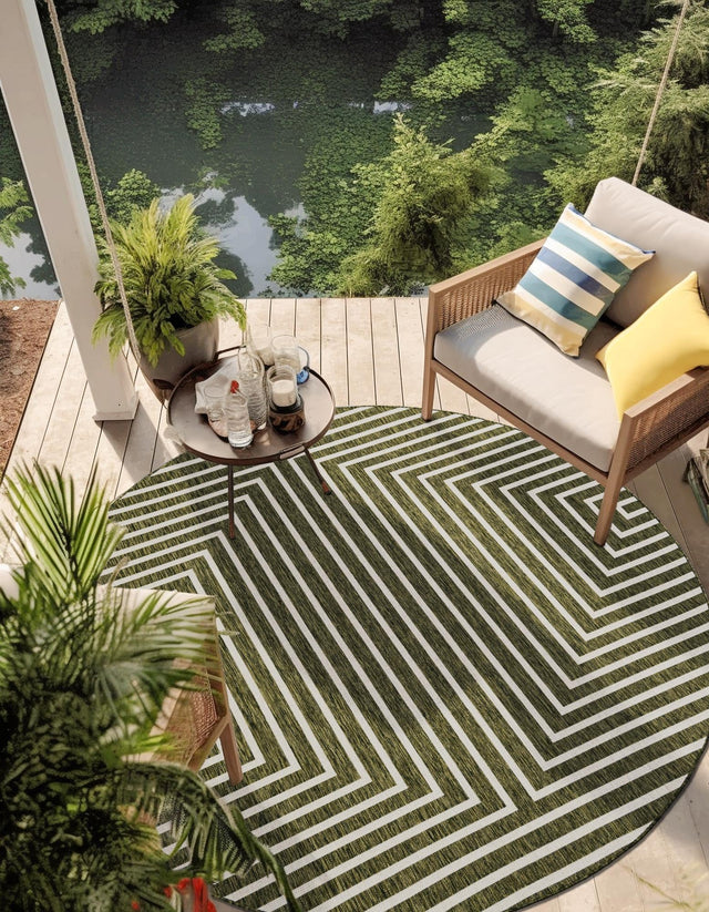 Green 6' 1 x 6' 1 Outdoor Modern Round Area Rug Weather Resistant for Patio, Deck, Terrace, Balcony, Porch 100% Polypropylene Modern Outside Carpet for Sale at Rug Engine