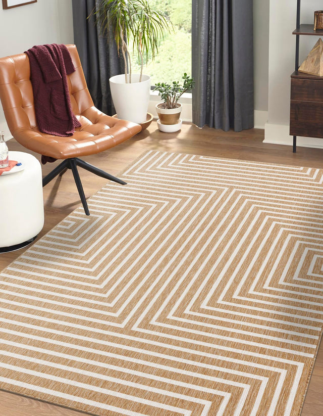 Taupe 4' 1 x 6' 1 Outdoor Modern Rectangle Area Rug Weather Resistant for Patio, Deck, Terrace, Balcony, Porch 100% Polypropylene Modern Outside Carpet for Sale at Rug Engine