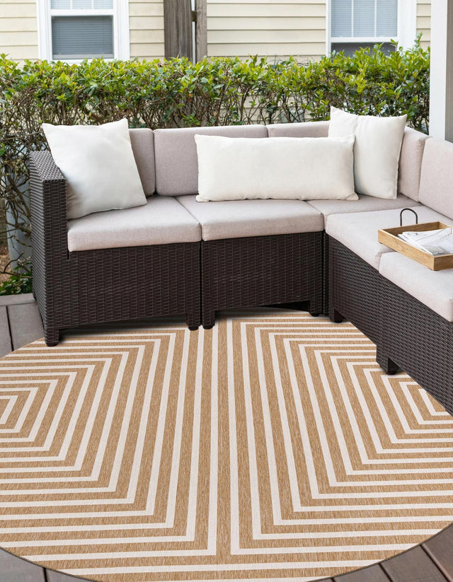 Taupe 12' x 12' Outdoor Modern Round Area Rug Weather Resistant for Patio, Deck, Terrace, Balcony, Porch 100% Polypropylene Modern Outside Carpet for Sale at Rug Engine
