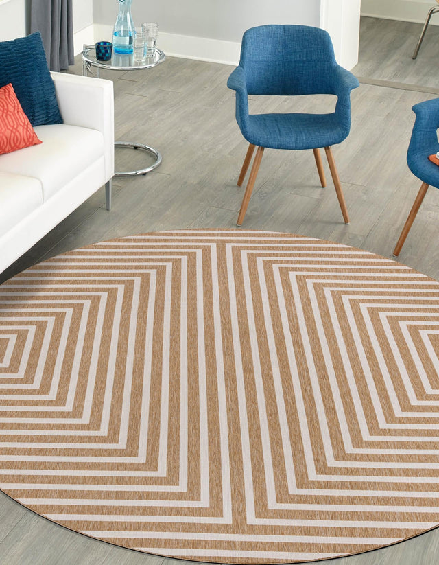 Taupe 12' x 12' Outdoor Modern Round Area Rug Weather Resistant for Patio, Deck, Terrace, Balcony, Porch 100% Polypropylene Modern Outside Carpet for Sale at Rug Engine