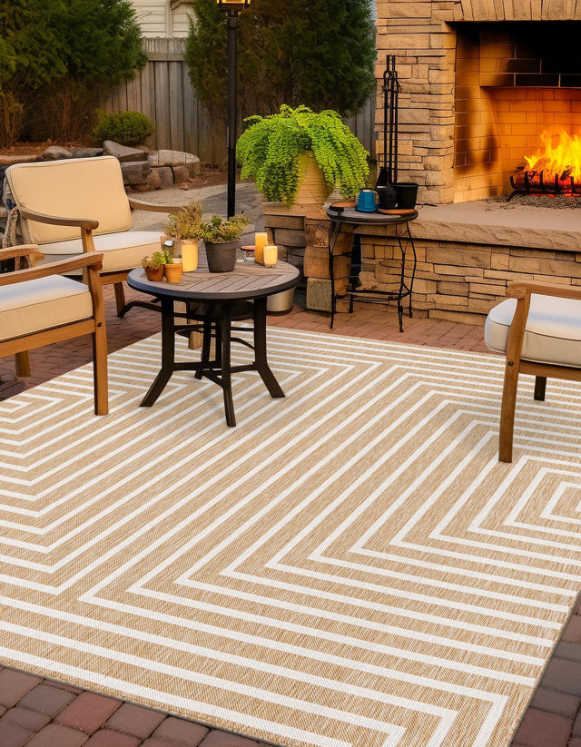 Taupe 7' 10 x 7' 10 Outdoor Modern Square Area Rug Weather Resistant for Patio, Deck, Terrace, Balcony, Porch 100% Polypropylene Modern Outside Carpet for Sale at Rug Engine