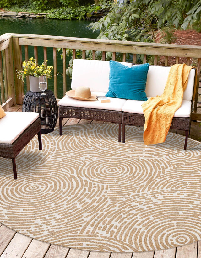 Taupe 12' x 12' Outdoor Modern Round Area Rug Weather Resistant for Patio, Deck, Terrace, Balcony, Porch 100% Polypropylene Modern Outside Carpet for Sale at Rug Engine