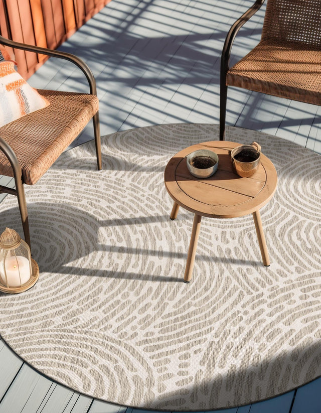 Gray 6' 1 x 6' 1 Outdoor Modern Round Area Rug Weather Resistant for Patio, Deck, Terrace, Balcony, Porch 100% Polypropylene Modern Outside Carpet for Sale at Rug Engine