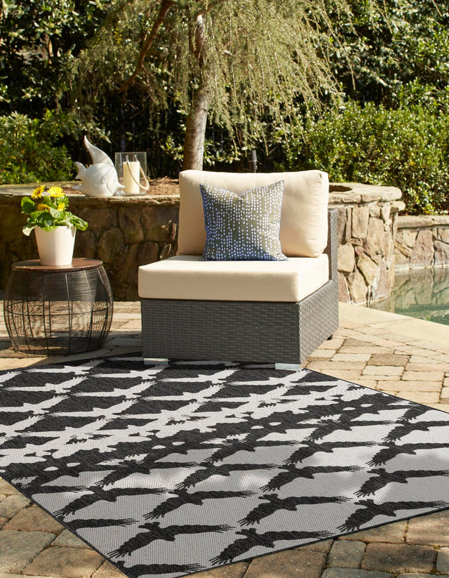 Black and White 5' 3 x 7' 1 Outdoor Modern Rectangle Area Rug Weather Resistant for Patio, Deck, Terrace, Balcony, Porch 100% Polypropylene Modern Outside Carpet for Sale at Rug Engine