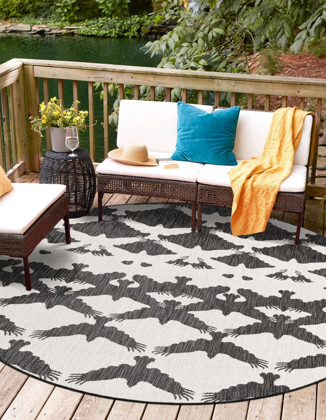 Black and White 12' x 12' Outdoor Modern Round Area Rug Weather Resistant for Patio, Deck, Terrace, Balcony, Porch 100% Polypropylene Modern Outside Carpet for Sale at Rug Engine