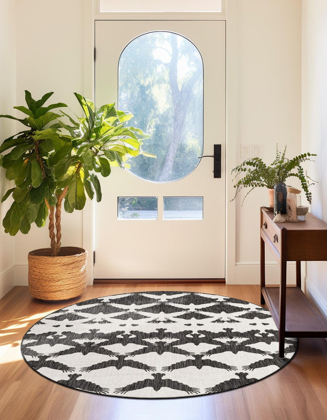 Black and White 12' x 12' Outdoor Modern Round Area Rug Weather Resistant for Patio, Deck, Terrace, Balcony, Porch 100% Polypropylene Modern Outside Carpet for Sale at Rug Engine